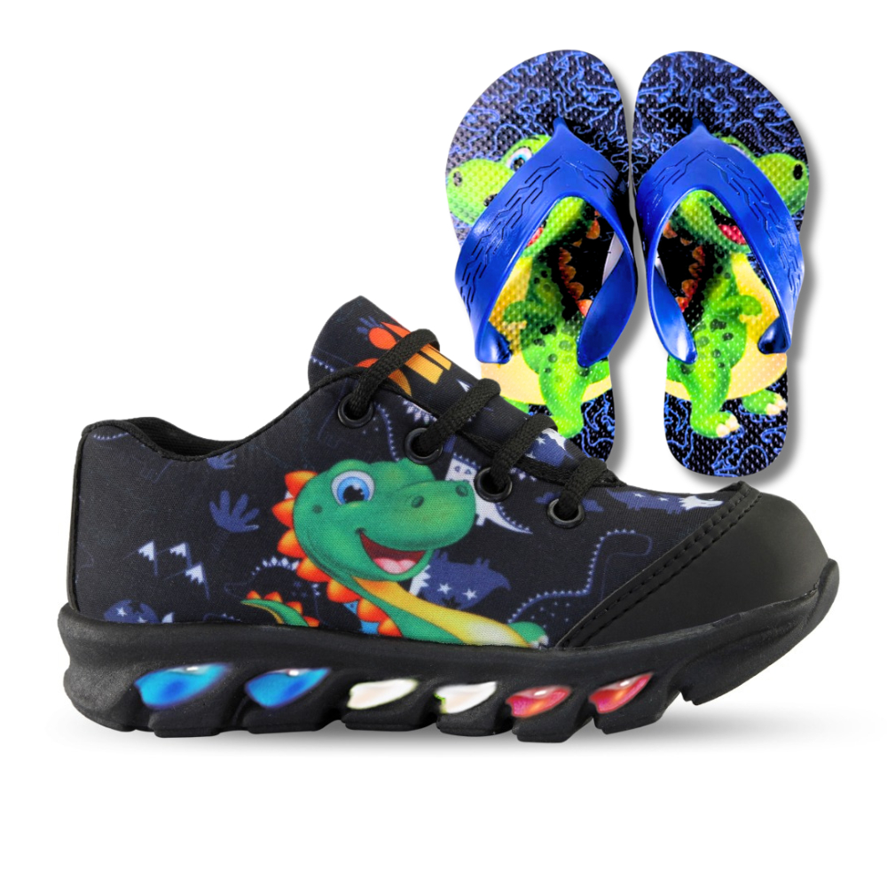 Kit Tenis de Led Infantil Masculino Dino Dinossauro + Chinelo presente dia das crianças