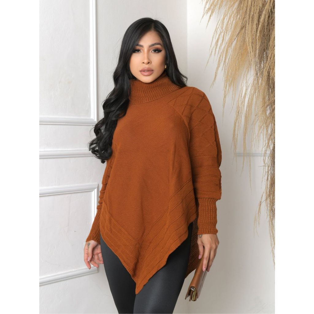 Poncho Tricô Gola Alta Blusa De Frio Lã Feminina Agasalho Tricot Inverno