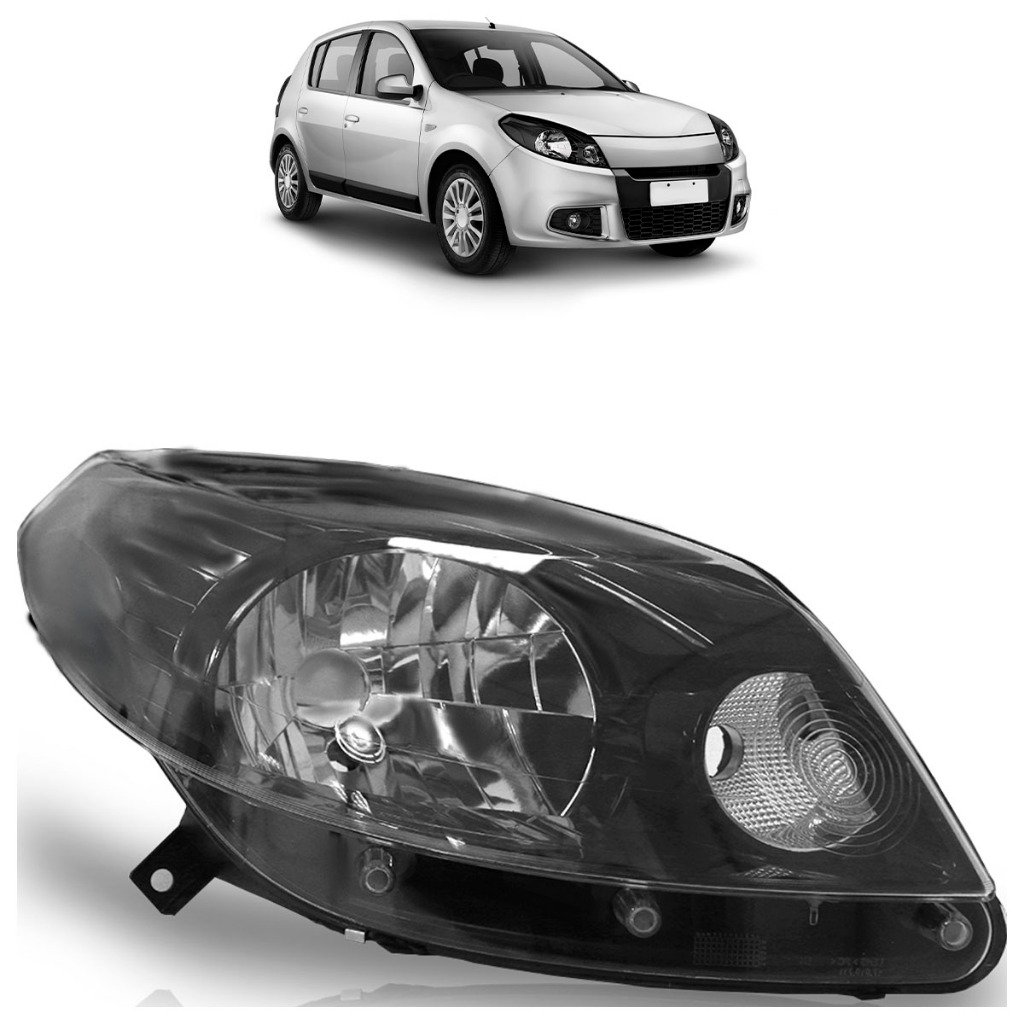 Farol Dianteiro Sandero 2012 2013 2014 Máscara Negra Foco Simples Carcaça Preta Lente Lisa