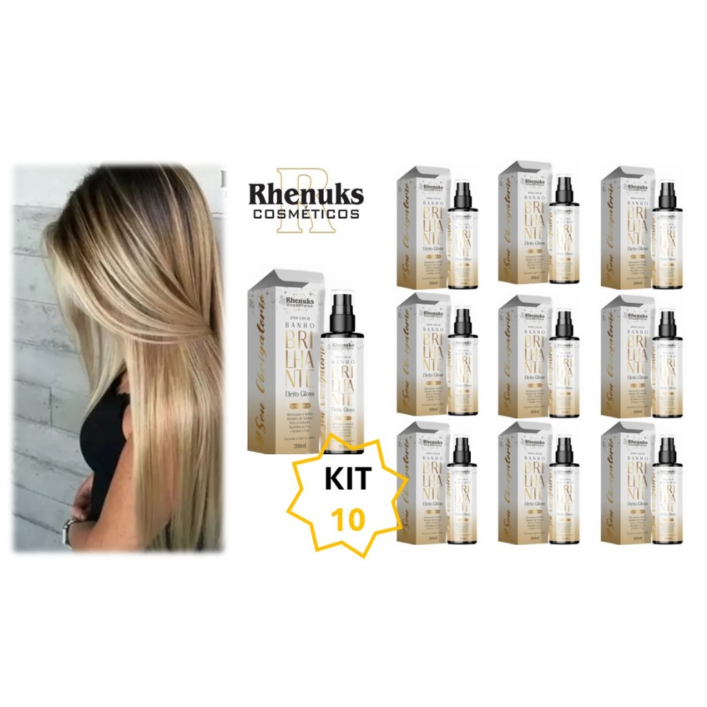 Kit com 10 Spray Capilar efeito GLOSS MULTIFUNCIONAL 200ML BANHO BRILHANTE RHENUKS