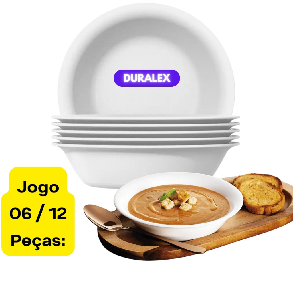 Jogo Kit 06 / 12 Pratos Bowl Fundo Vita Branco Vidro Sopa Caldo Duralex Cumbuca Tigela Saladeira Hotel Restaurante Refeição