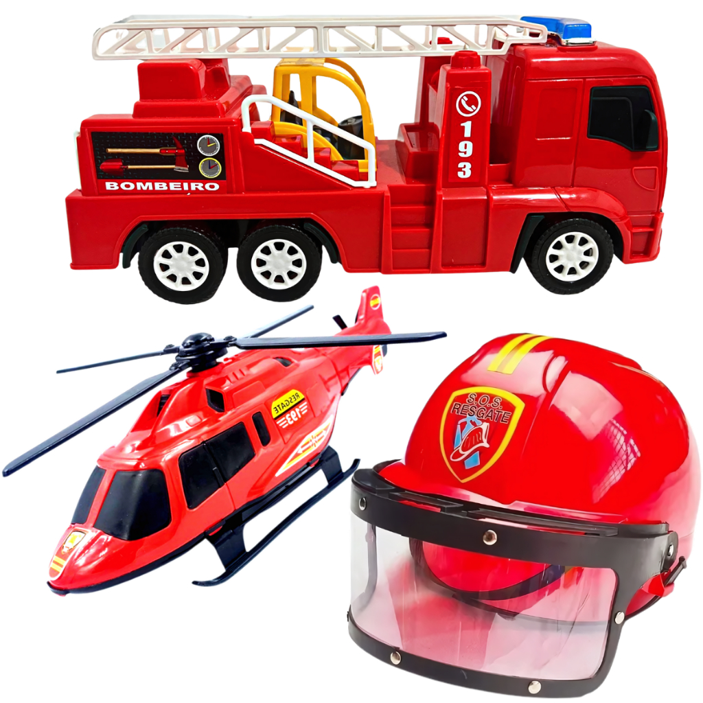 Kit Bombeiro Capacete Caminhão Helicóptero 3 Brinquedos Infantil Carrinhos Carro Meninos
