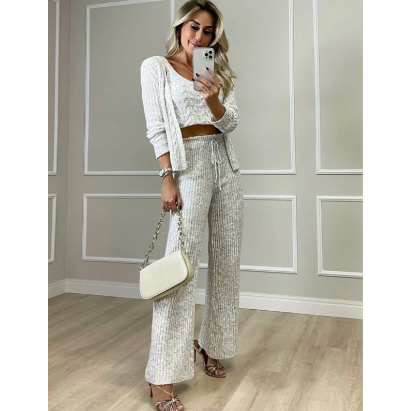 Conjunto de mousse inverno tricot 3 peças calça pantalona + cardigan