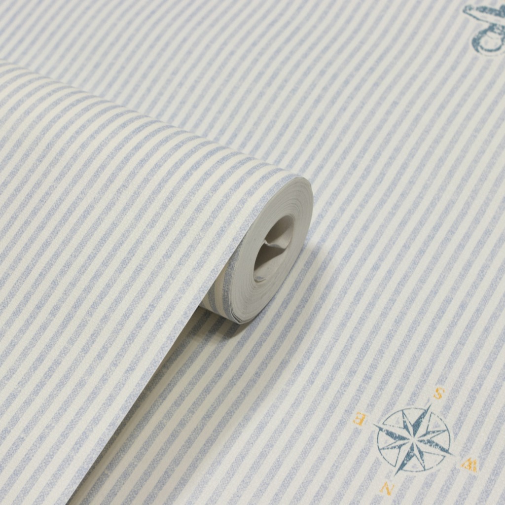 Papel de Parede Âncora Marinheiro Quarto Infantil Listras Azul c/ Off White Bebe Menino Premium