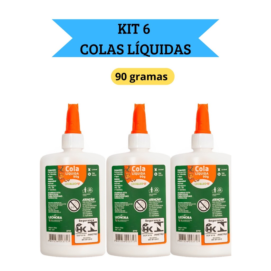 Kit 6 Cola Líquida Branca Escolar 90g com espátula Leo&Leo em Oferta na Shopee
