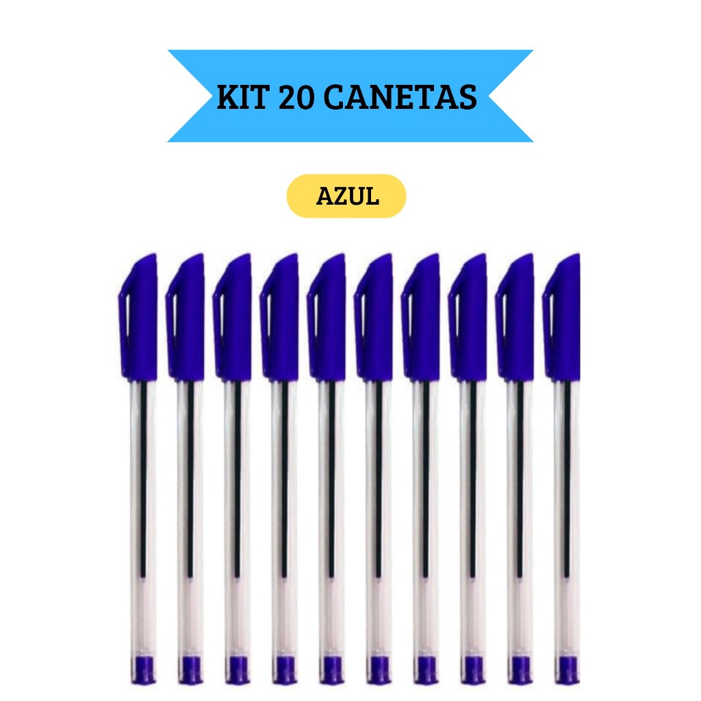 Kit 20 Canetas Esferográficas Ponta Média Simple Azul Escolar Escritório Leo&Leo
