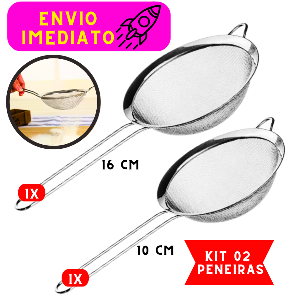 Kit 2 Peças Peneira Coador Para Cozinha 2 Tamanhos/10/16CM em Aço Inox Tela Resistente
