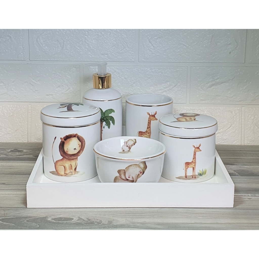 Kit Completo Porcelana Decoracao Safari Ouro Higiene Bebe