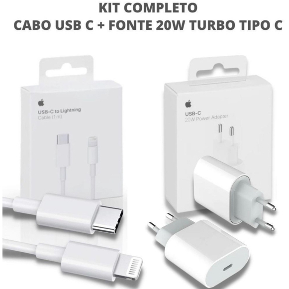Kit Carregador iPhone Turbo Tipo-C 20W + Cabo Lightining para IPhone Carga rápida IPhone 14 13 12 11 XR