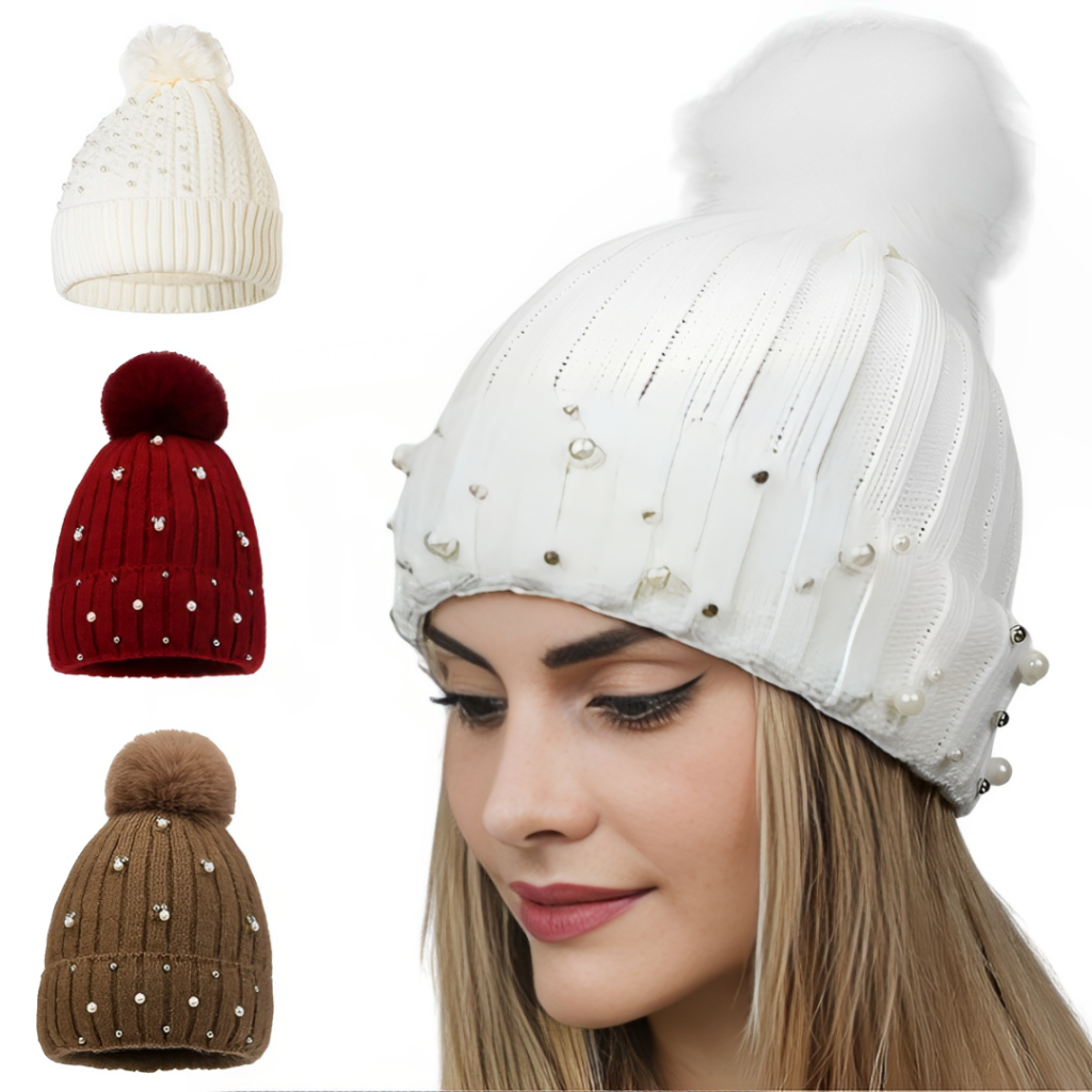 Touca Adulto Feminina Forrada Com Pompom Cores Variadas Pérola Outono Inverno