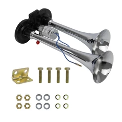 Buzina Ar Cromada 2 Cornetas Eletropneumática - Vetor 12v Ou 24v