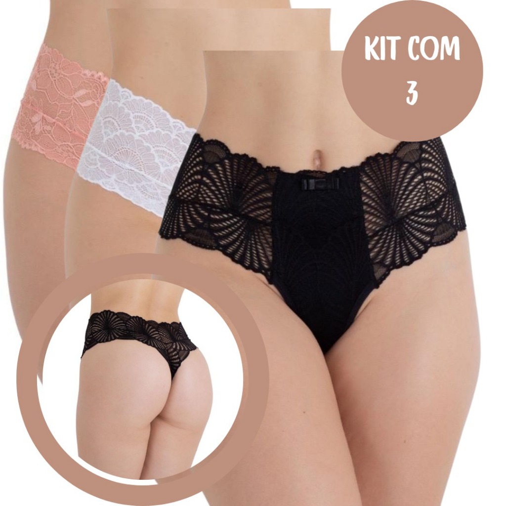 Kit 3 Calcinha Fio Dental Renda Confortável Elegante em Oferta na Shopee