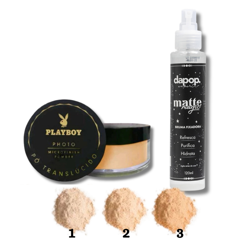 Kit Pó Solto Finalizador Microfinish Powder Playboy + Bruma Fixadora Matte Dapop ou Miss Rosê em Oferta na Shopee