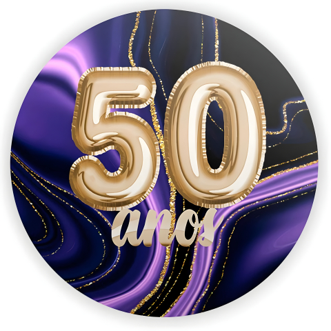 Painel Festa Infantil Redondo 50 anos de idade roxo dourado , + Arco, Suporte incluso. Fazemos personalizado com qualquer tema. Confeccionado em Lona fosca, impressão de alta resolução. cenário Circular p/ Decoração