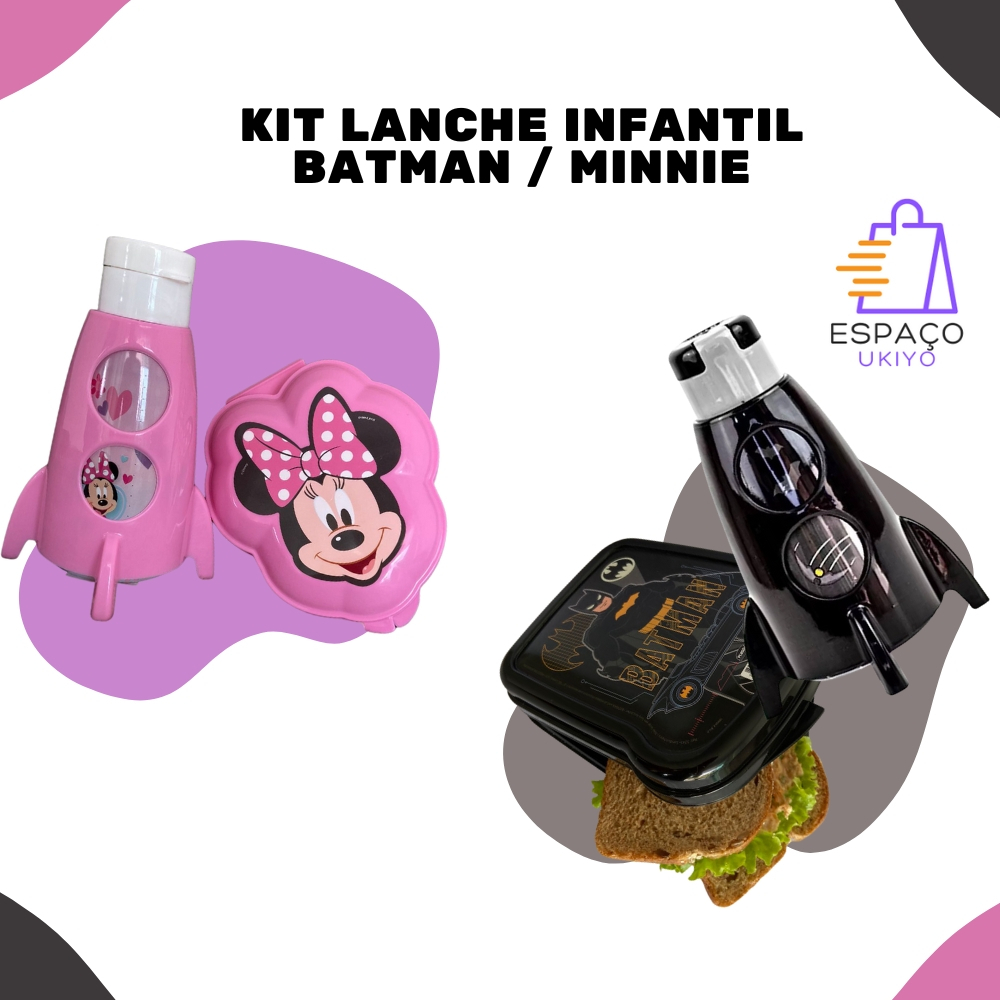 Kit Lanche Escolar Infantil Minnie Porta Mix Kit Batman Garrafa e Lancheira Sanduiche
