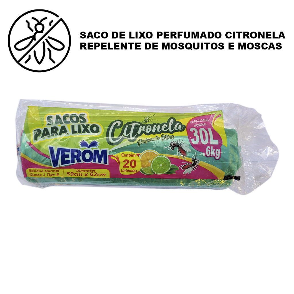Saco de Lixo Perfumado Citronela 30L 20 Unidades Anti Odores com Repelente de Moscas e Mosquitos