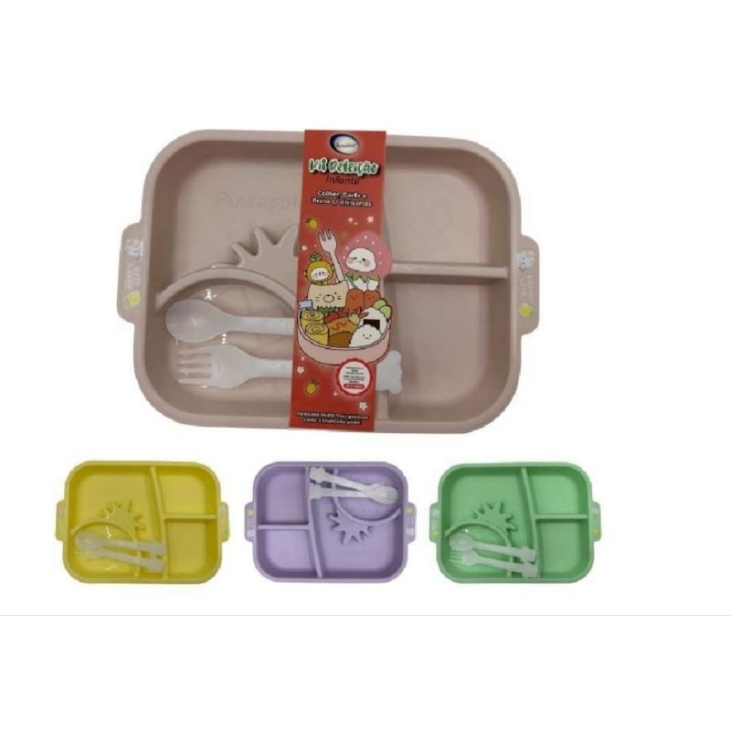 Kit Prato com Divisórias Alimentação Bebê Infantil Criança com Talher de Refeição