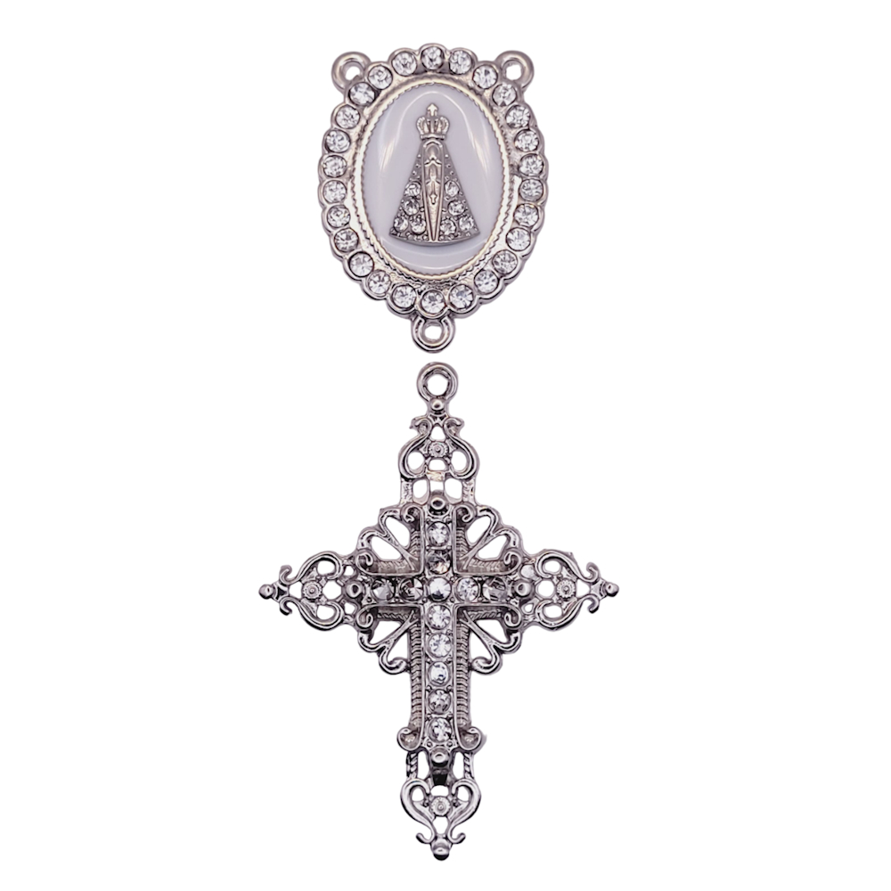 Entremeio de Nossa Senhora Aparecida níquel com crucifixo strass terço para mãe presente noiva em Oferta na Shopee