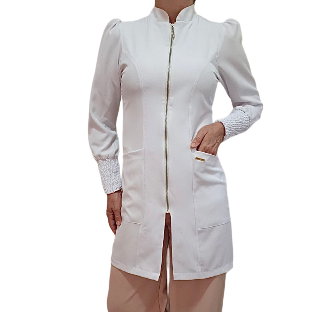 Jaleco Feminino Manga Princesa Acinturado Gabardine Com Zíper Gola Padre Várias Cores