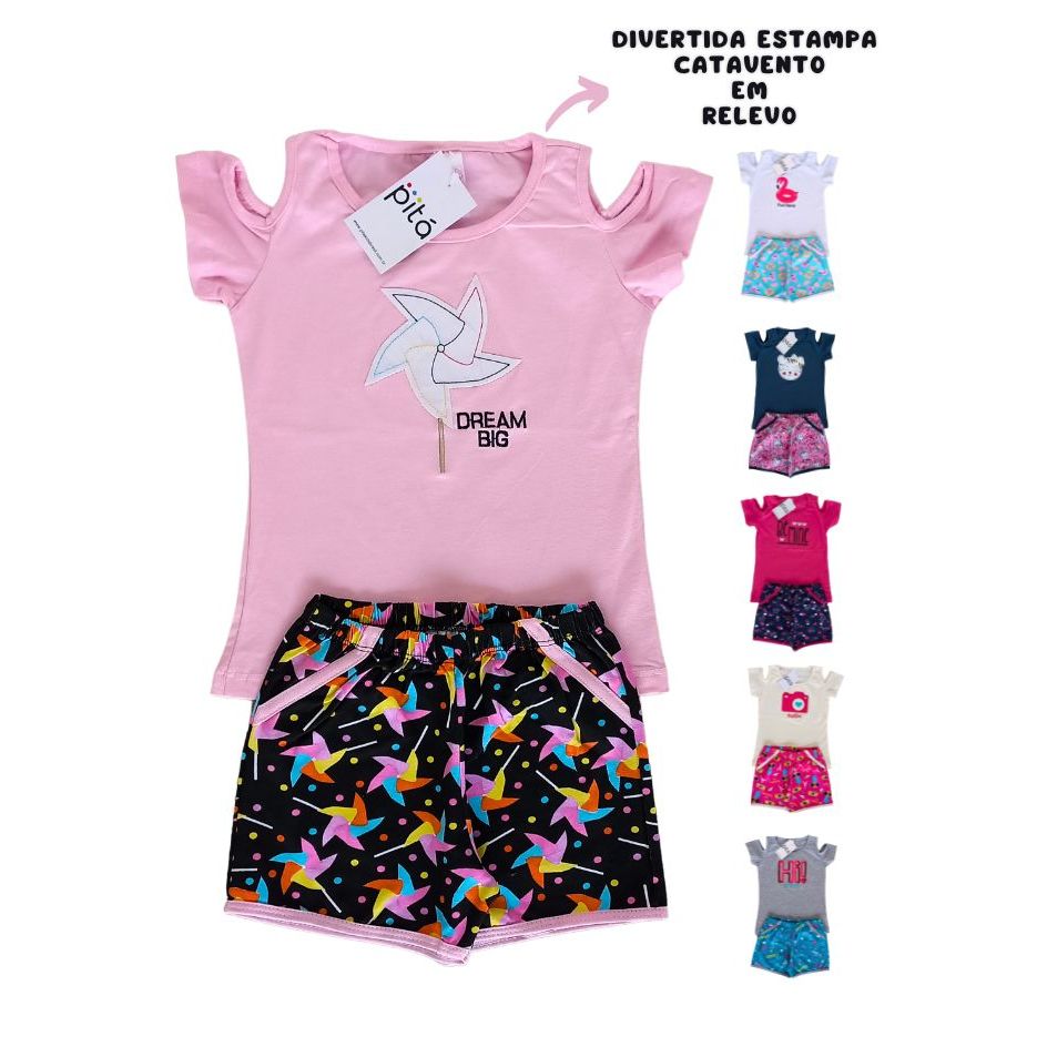 Roupa Infantil Conjunto Infantil Menina – Blusa Abertura Ombro Shorts Bolso Falso Tamanhos 04, 06 e 08 Lindas Estampas