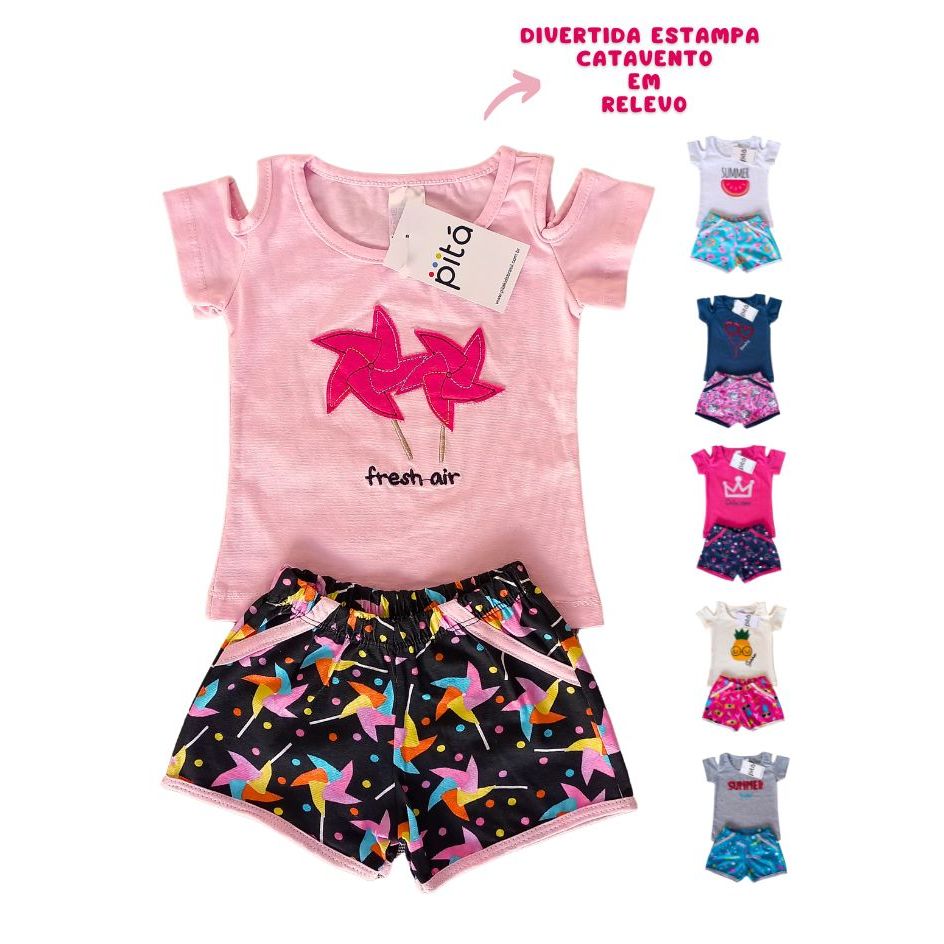 Roupa Infantil Conjunto Infantil Menina – Blusa Abertura Ombro Shorts Bolso Falso Tamanhos 01, 02 e 03 Lindas Estampas