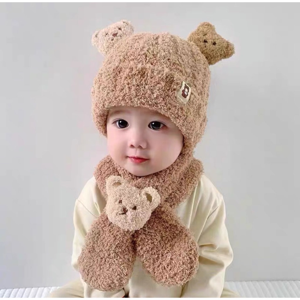 Conjunto Infantil ( Touca + Cachecol Ursinho ) Peludiho Forrado 5 meses ao 5 anos Menino e Menina em Oferta na Shopee