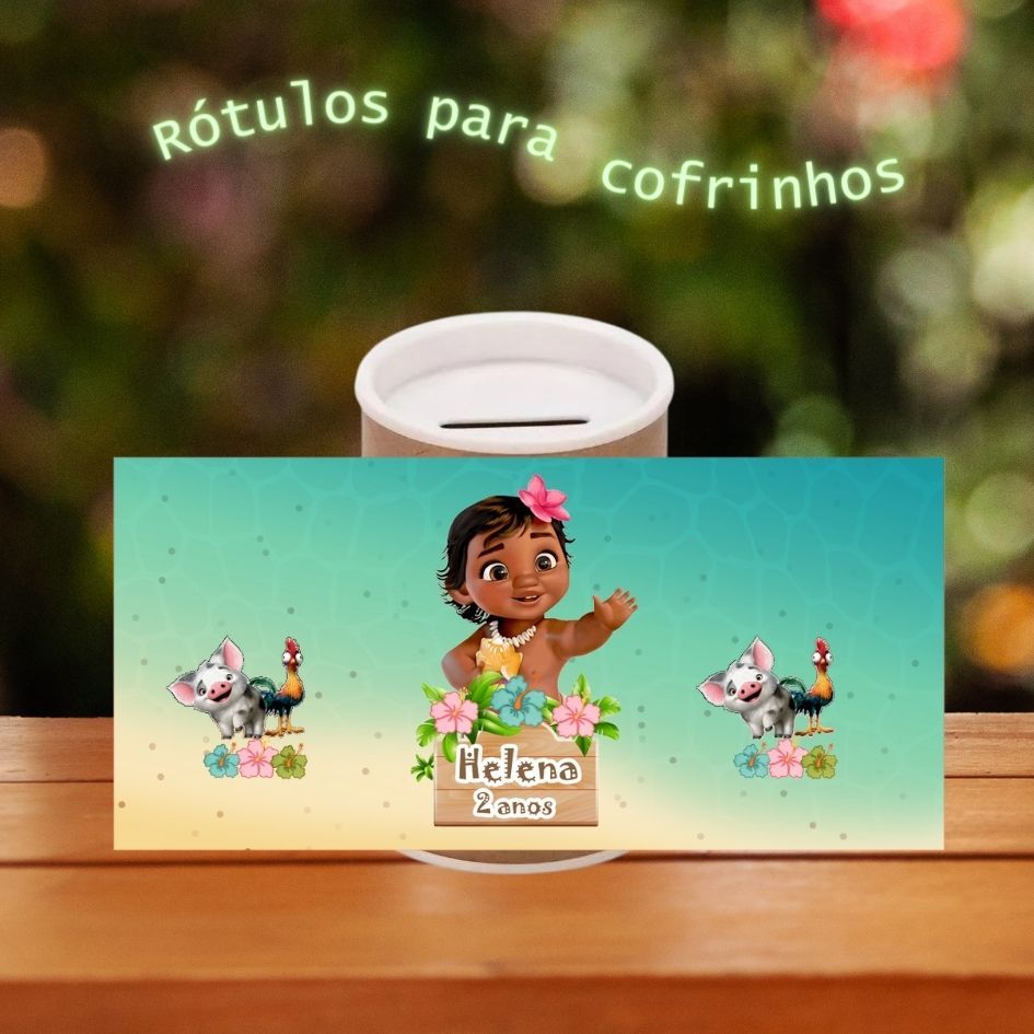 Moana Baby - RÓTULO ADESIVO Cofrinho 6X9,5cm Personalizado Lembrancinha