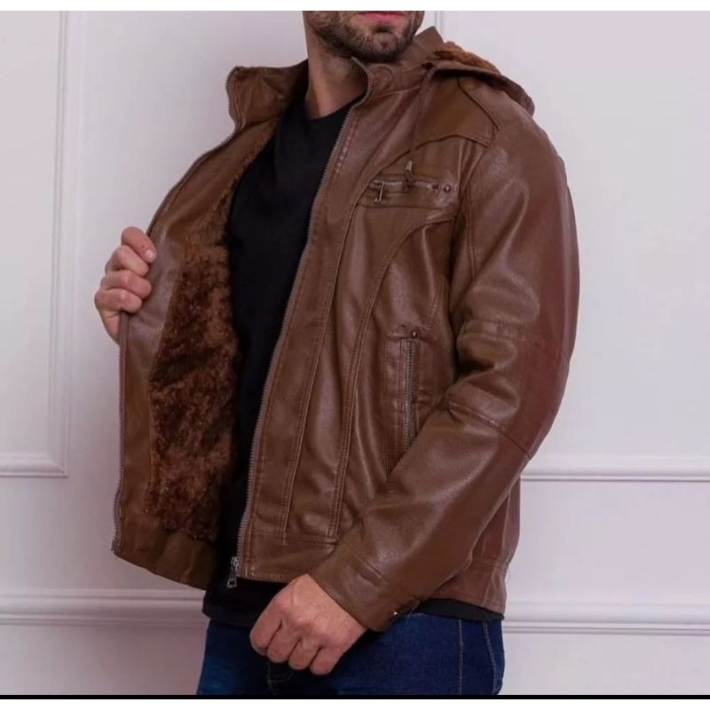 JAQUETA DE COURO SLIM - FORRADA - CAPUZ REMOVIVÉL