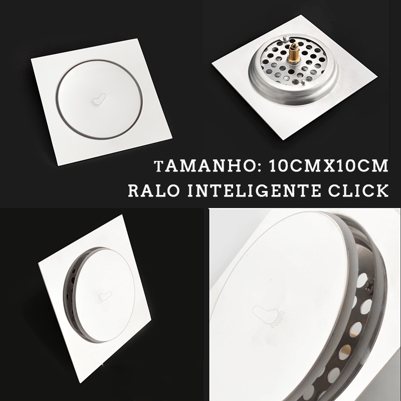 Ralo Click Up Inteligente Quadrado Redondo Novo Banheiro Moderno 10x10 Cm Aço Inox