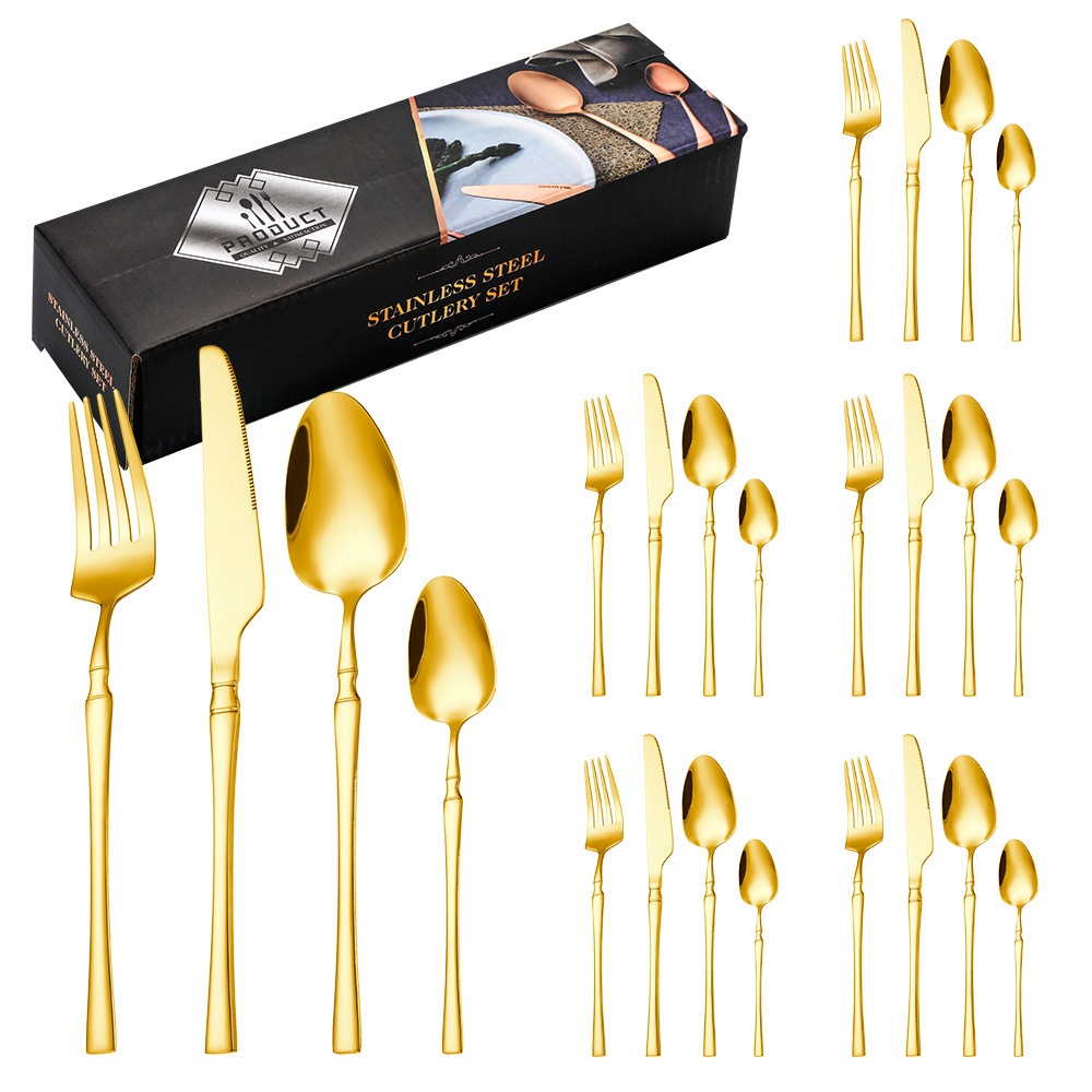 Kit 24 Jogo De Talheres Aço Inoxidável 416 Cintura Fina Dourado
