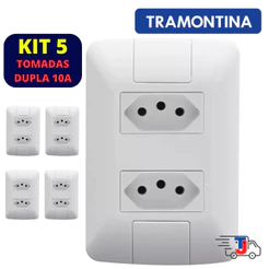 KIT C/ 05 Tomadas Dupla 10A c/Placa Tramontina 4x2 - Linha Aria