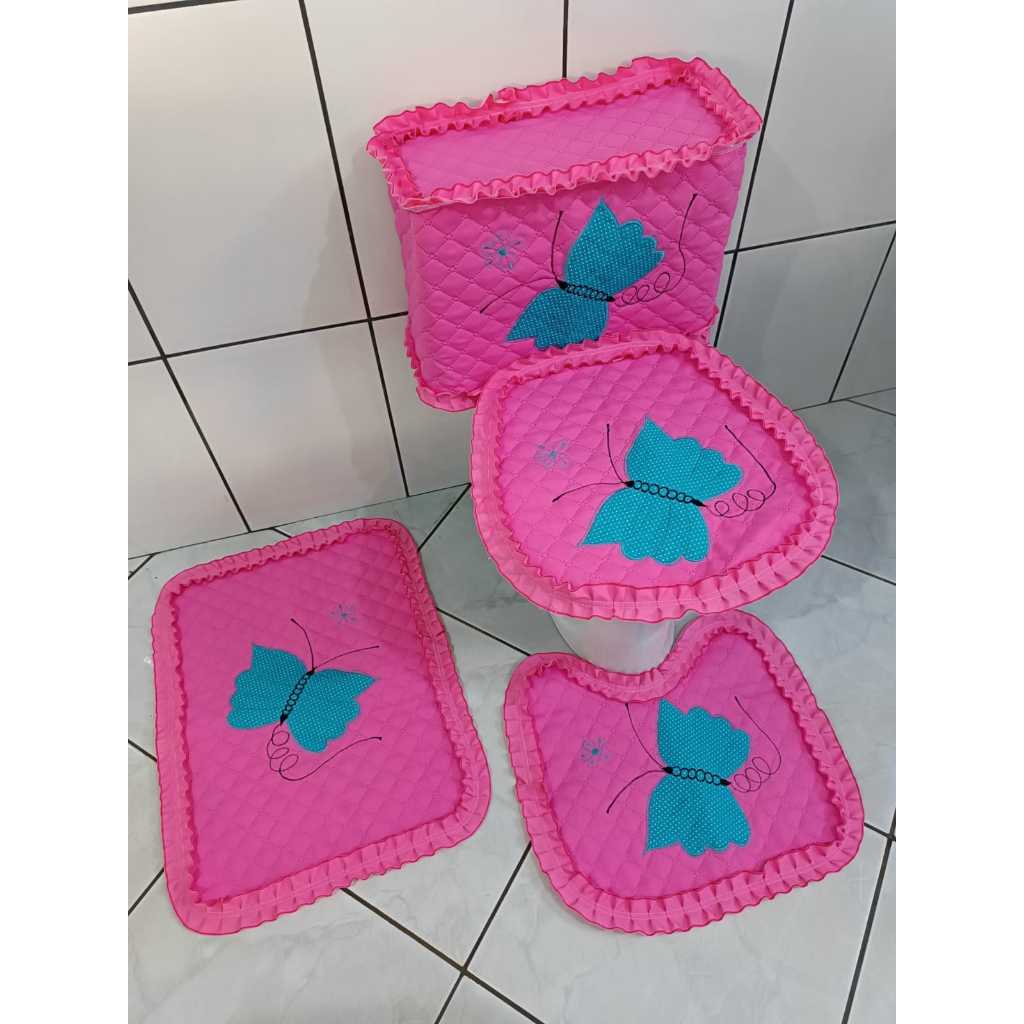 Jogo de banheiro com capa pra caixa acoplada bordado com borboleta kit tapetes fofo decoração lavabo