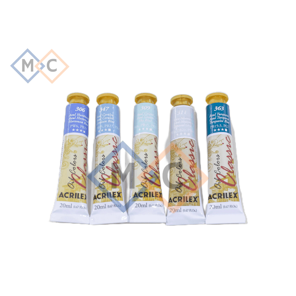 Tinta Oleo Acrilex 20ml - Azul Hortencia 306 - Azul Ceruleo 347 - Azul Celeste 309 - Gris Neutro 311 - Azul Turquesa 363