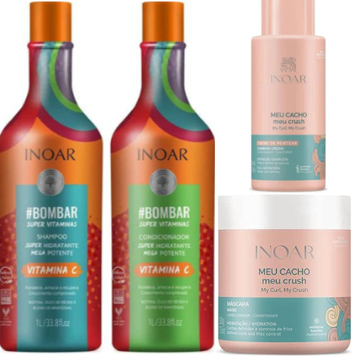 KIT INOAR BOMBAR SHAMPOO+CONDICIONADOR2X1L + MEU CACHO MEU CHUSH CREME DE PENTEAR+MÁSCARA 500ML