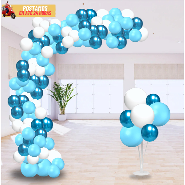 Kit 125 Balões Azul Claro + Branco + Azul Metalizado Para Festas e Aniversário