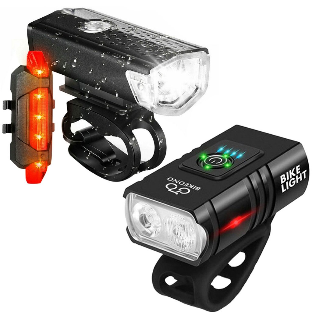 Kit Acessórios Bike Lanterna Farol Com Visor 2 Led + Farol Luz Led Usb 300 Lumens + Sinalizador Traseiro