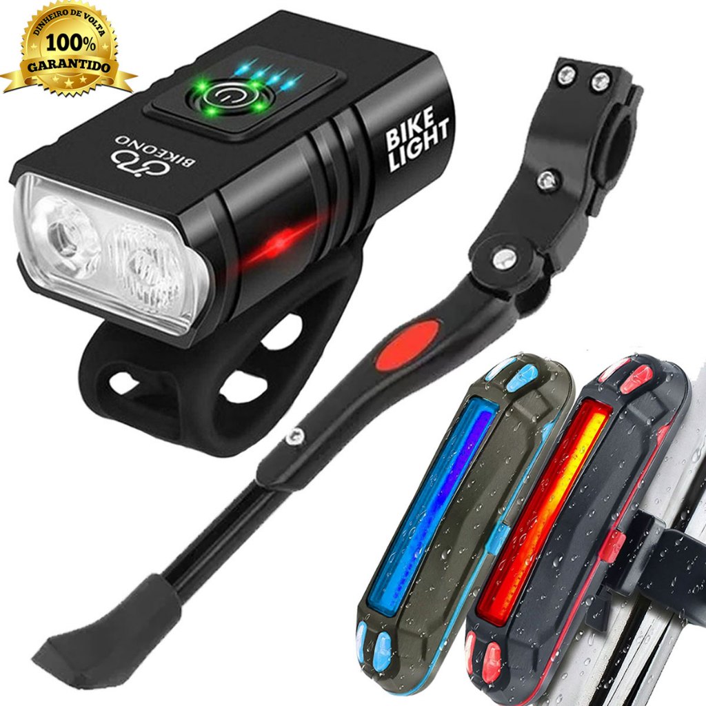 Lanterna Farol Com Visor 2 Led + Pezinho Descanso Lateral Com Regulagem 20 Até 29 + Sinalizador Lanterna Traseira Bike Led Recarregável Usb Pisca
