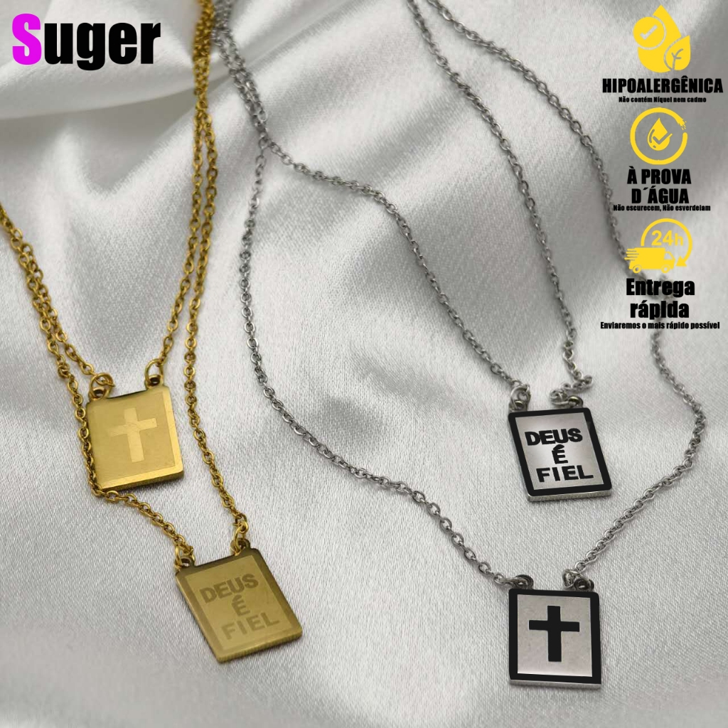 Escapulário Deus é Fiel de masculina feminina Aço Inox Cruz Dourada e Prata, Aço Inoxidável 316L
