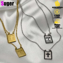 Escapulário Deus é Fiel de masculina feminina Aço Inox Cruz Dourada e Prata, Aço Inoxidável 316L