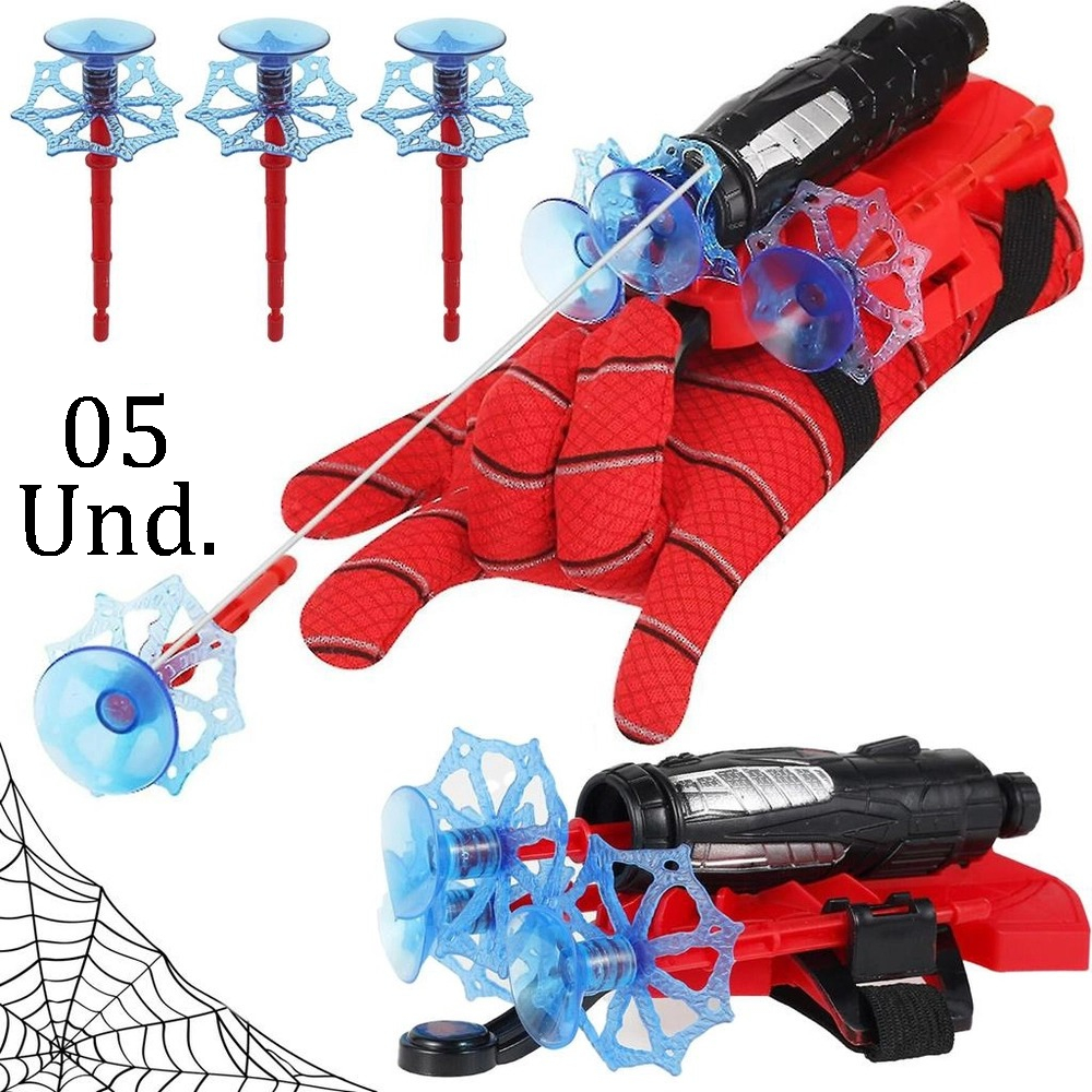 Kit 05 Luvas Lança Teias | Lançador Play Net Cada Luva vem com 1 lançador, 2 tira de velcro, 3 dardos c/ ventosa e linha