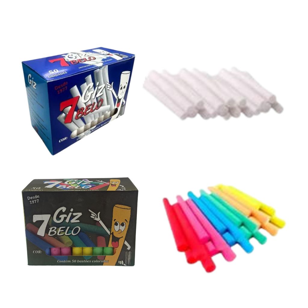 Giz Escolar Plastificado 50 Unidades Colorido ou Branco - 7 Belo