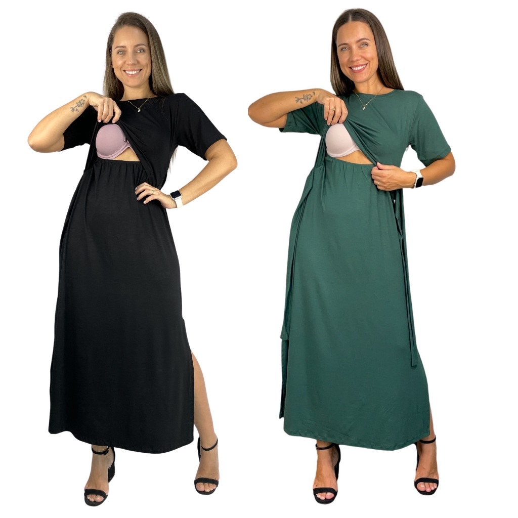 Kit 2 Vestido Longo Amamentação Cores Premium Gestante Grávida Amamentar Casual e Evangélica Igreja em Oferta na Shopee