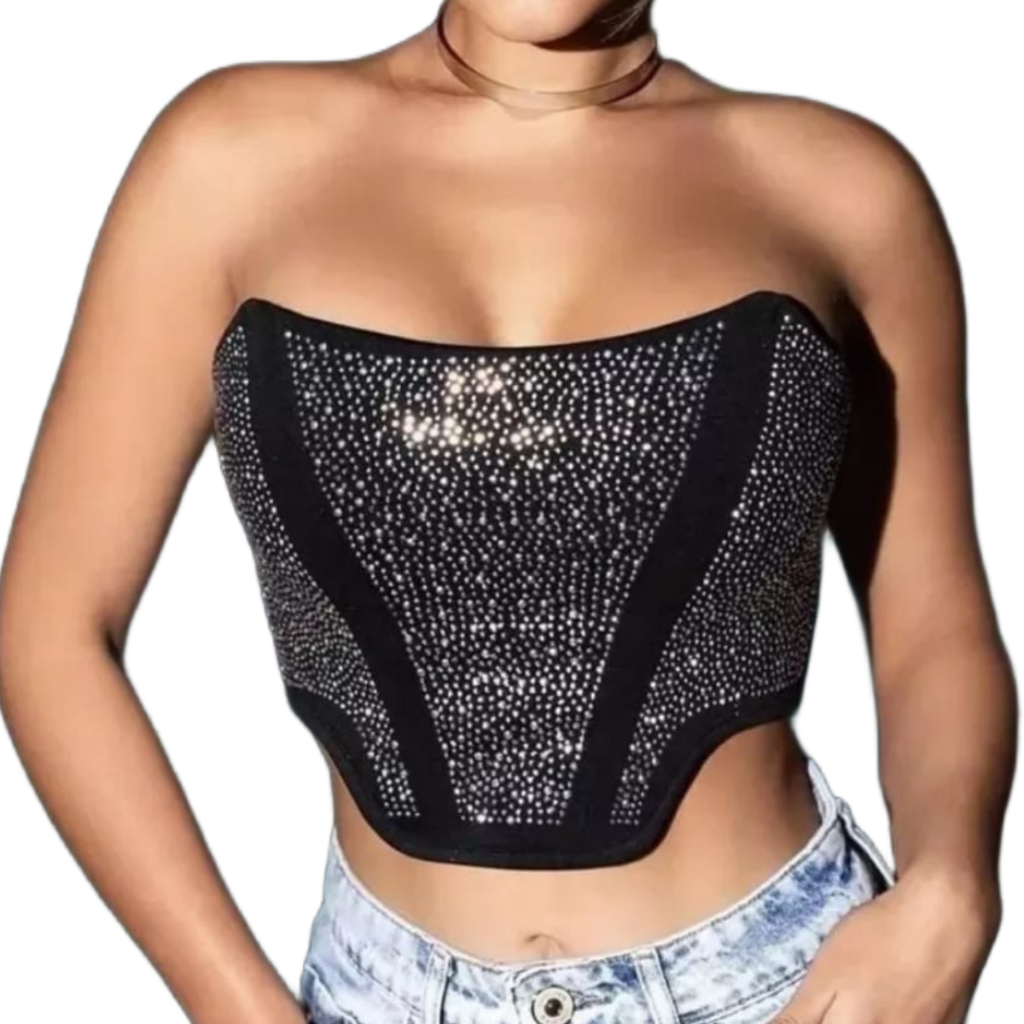 Cropped Tomara Que Caia Brilho Em Pedraria Corset Strass Com Amarração Preço Baixo