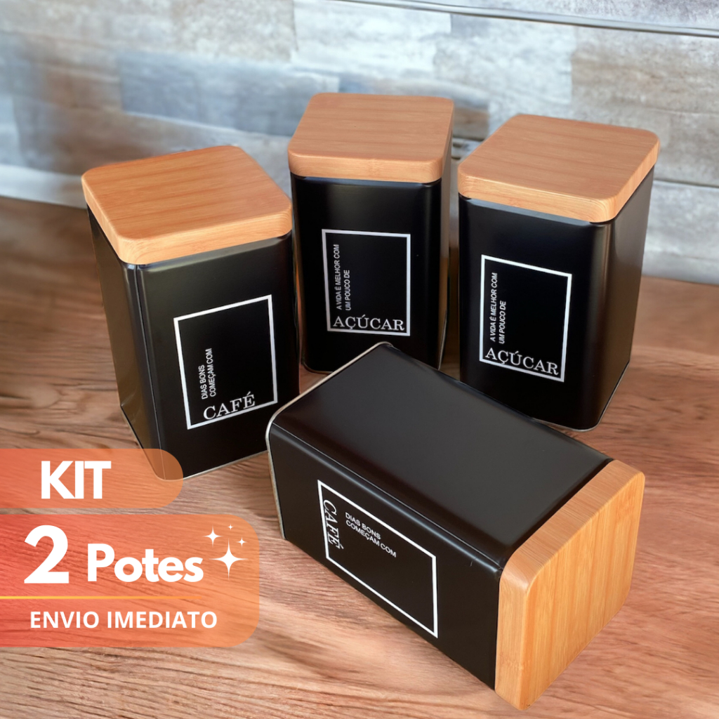 Kit 2 Latas Hérmetico Pote Café e Açúcar Porta Organidor de Cozinha Mantimentos Multiuso Metal Casa