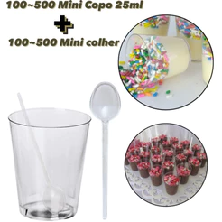 KIT 100~500 COPINHO 25 ML BRIGADEIRO ACRÍLICO + 100~500 MINI COLHER CRISTAL BRIGADEIRO MINI COPINHOS DESCARFEST (CHOCO)