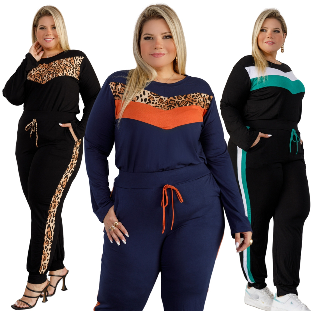 Conjunto Feminino Grande Plus Size Blusa Calça Listra Jogger G2 G3 Faixa Listrado Onça Manga Longa Viscolycra Moda maior