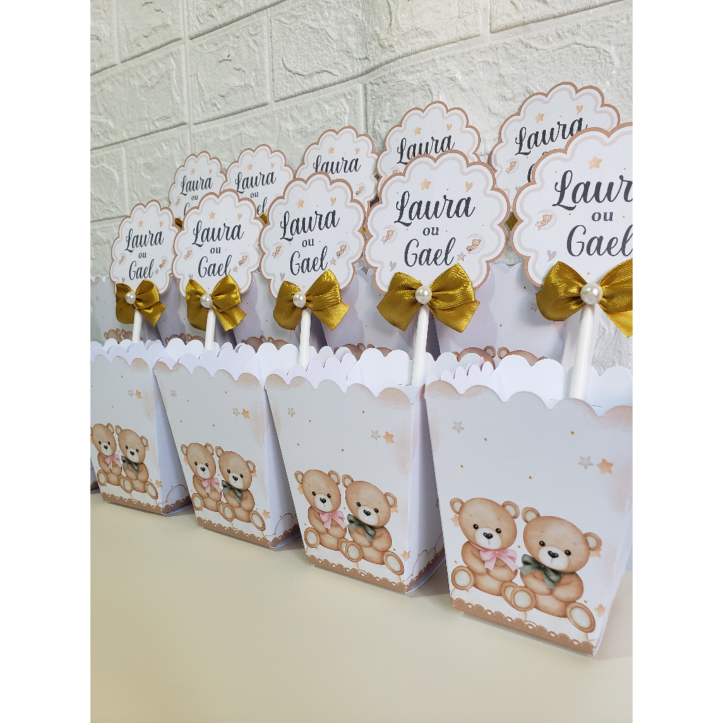 Kit Centro de mesa personalizado para festas Chá de bebê e aniversário infantil Chá fraldas revelação tema URSINHOS BEGE