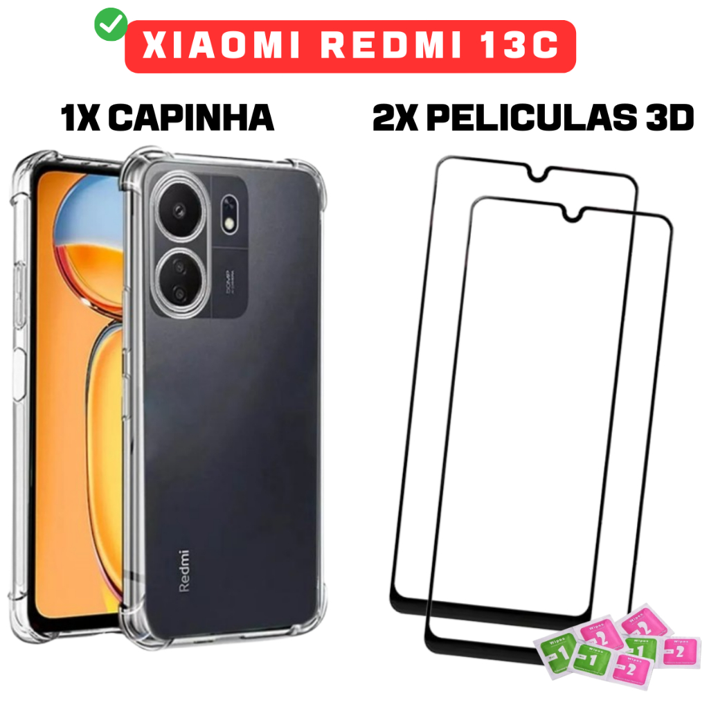 Kit Redmi 13 c Capinha Transparente Anti Impacto + 2x Película 3d Frontal Vidro Temperado
