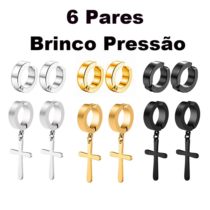 Kit 6 Pares Brinco de pressão prata Preta aço inox Cruz Crucifixo não precisar de furo masculino