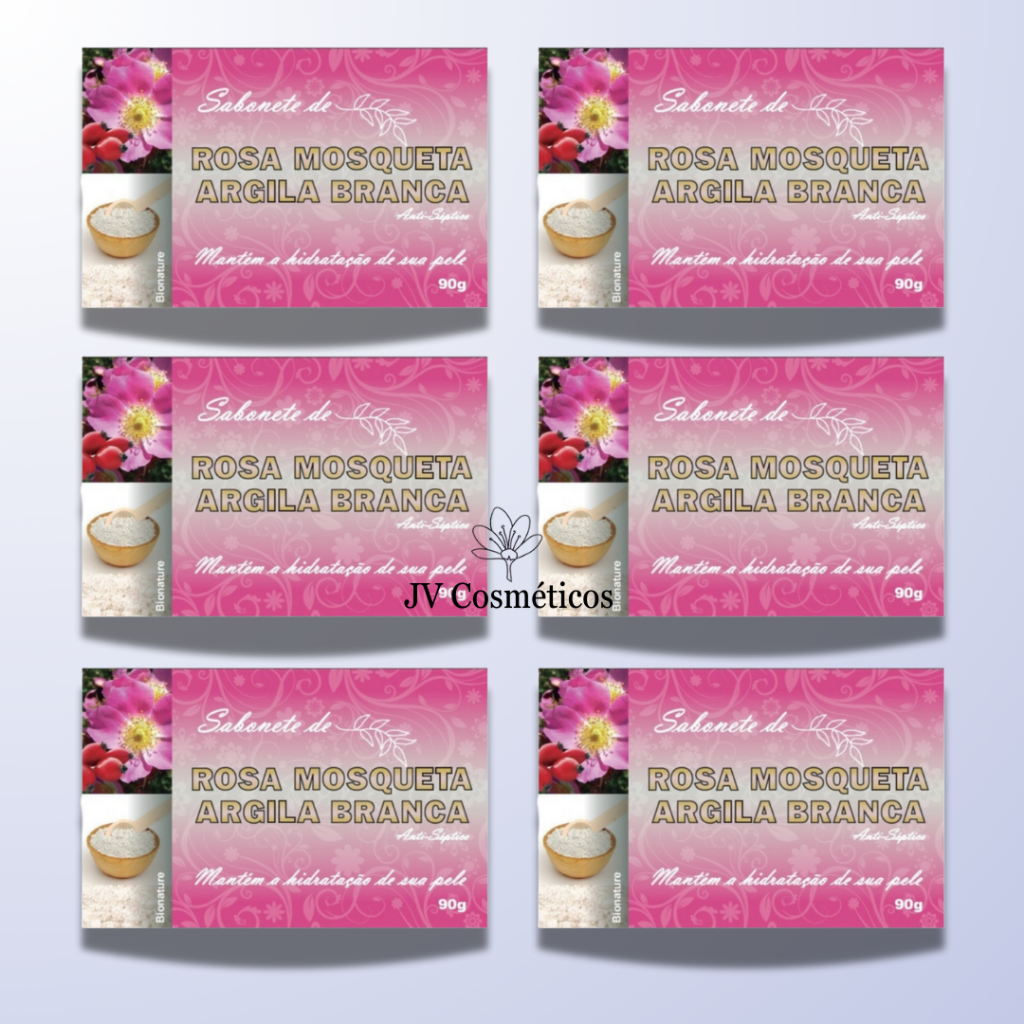 6 UN Sabonete Barra de Argila Branca Com Rosa Mosqueta 90g - Bionature